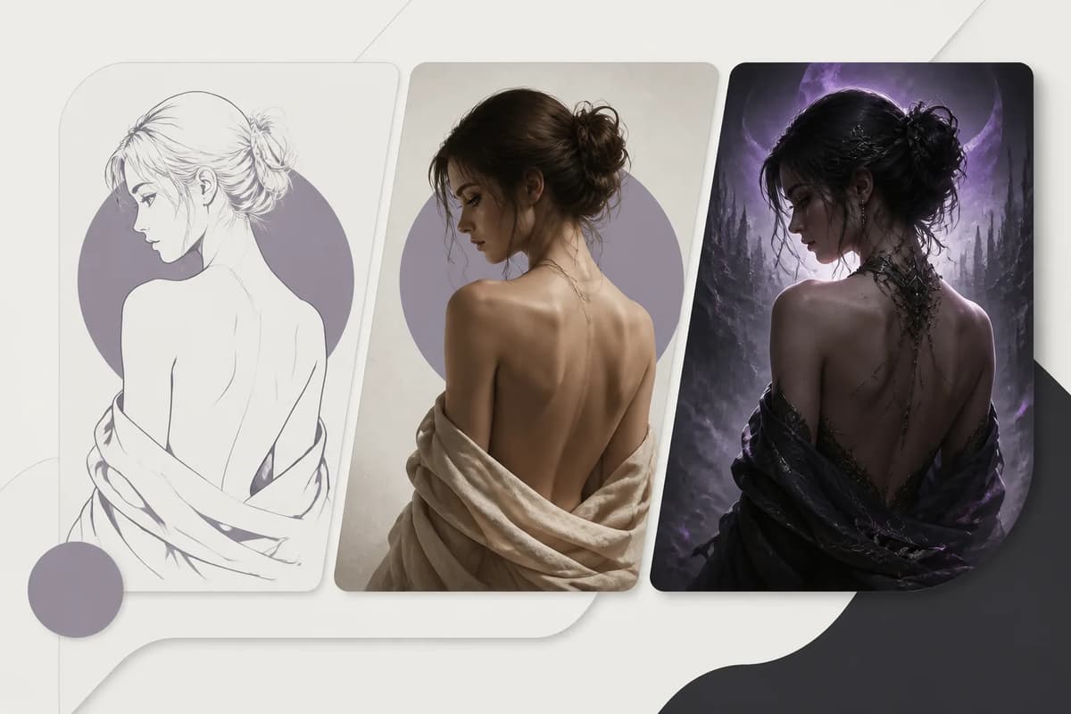 Same adult character compared across anime, semi-realistic, and dark fantasy styles