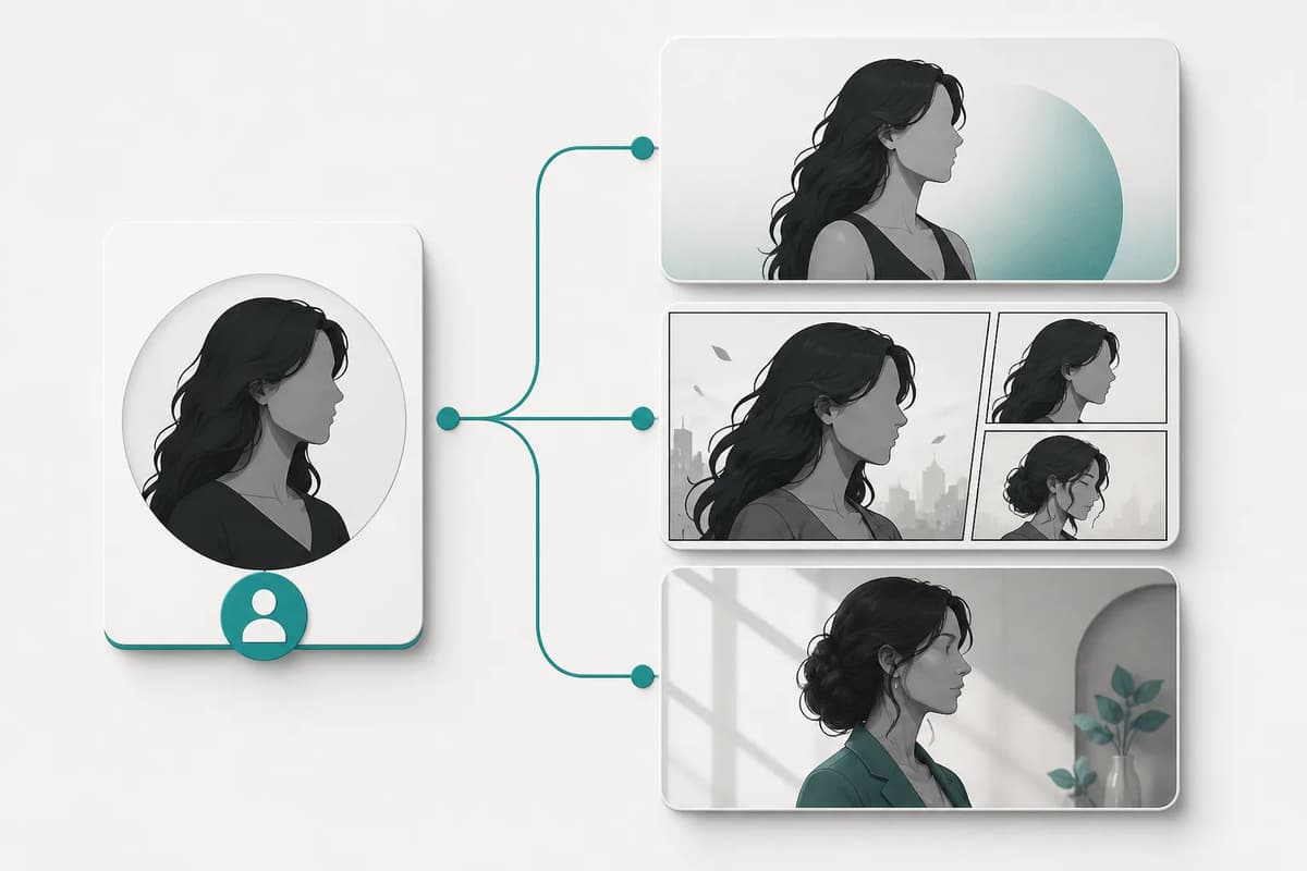 One adult identity preserved across portrait, comic, and makeover outputs