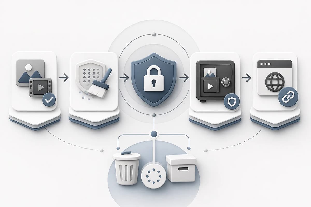 Adult media files moving through metadata cleanup, secure history, sharing, and deletion
