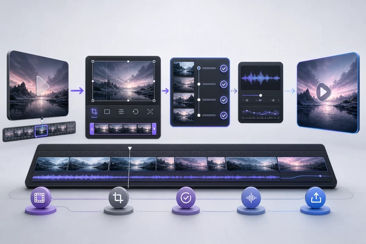 Source video moving through trim, continuity, audio review, and final export stages
