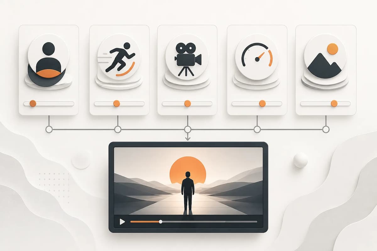 Subject, action, camera, pace, and setting controls aligned over a video timeline