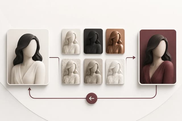 Original adult portrait flowing through makeover controls with a rollback path