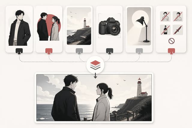 Character, setting, camera, lighting, and exclusion cards assembling one comic frame