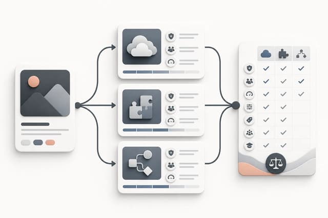 Model source branching into three workflow alternatives and a decision checklist