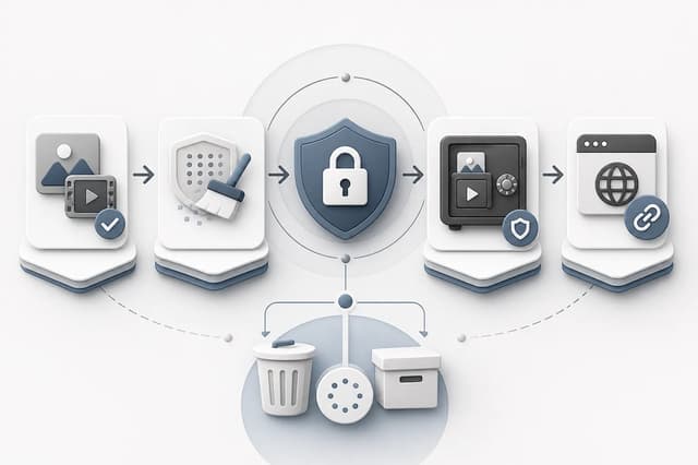 Adult media files moving through metadata cleanup, secure history, sharing, and deletion