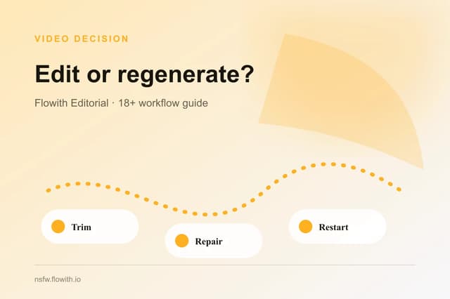 Adult AI video timeline branching into trim, repair, continuation, and regeneration decisions