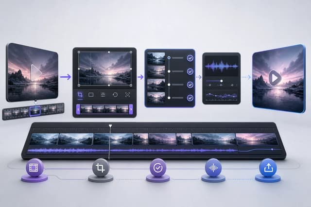 Source video moving through trim, continuity, audio review, and final export stages