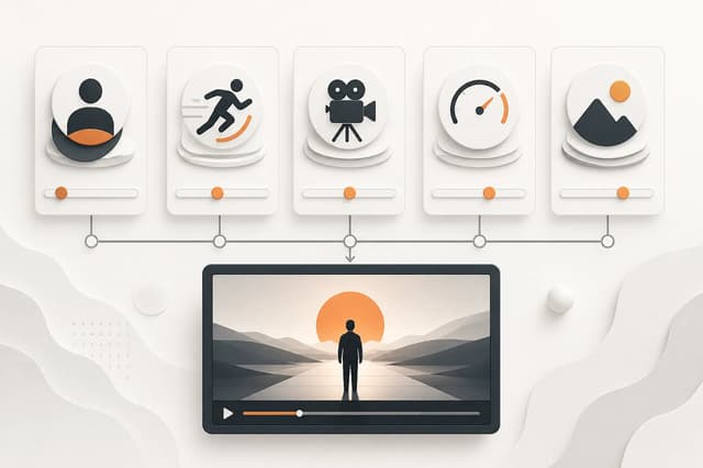 Subject, action, camera, pace, and setting controls aligned over a video timeline