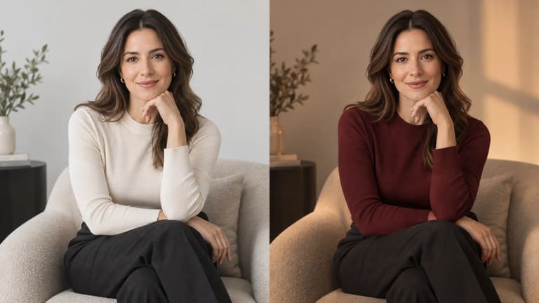 Same adult portrait before and after a focused wardrobe color and lighting edit