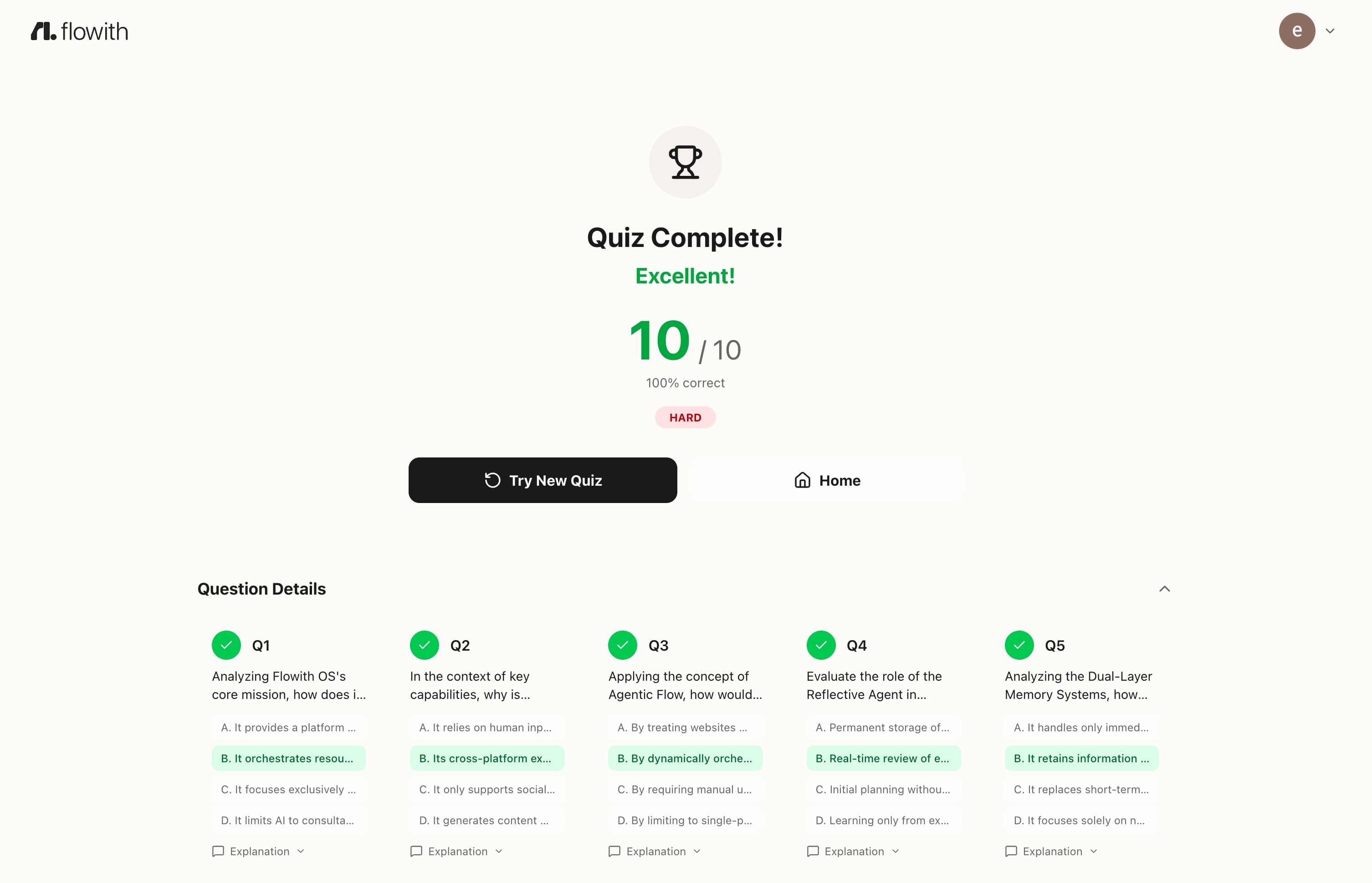 AI-generated practice quiz with detailed explanations