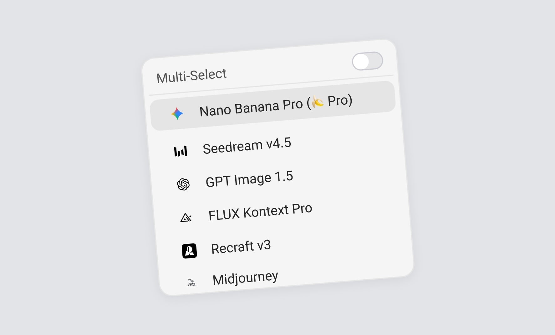 Model selector showing Nano Banana Pro, Seedream, GPT Image, FLUX, Recraft, Midjourney