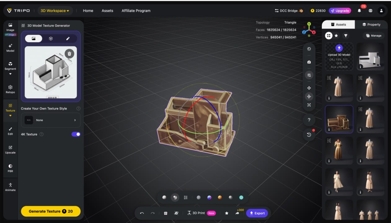 Step 6 - Add textures, rigging, and export in Tripo Studio