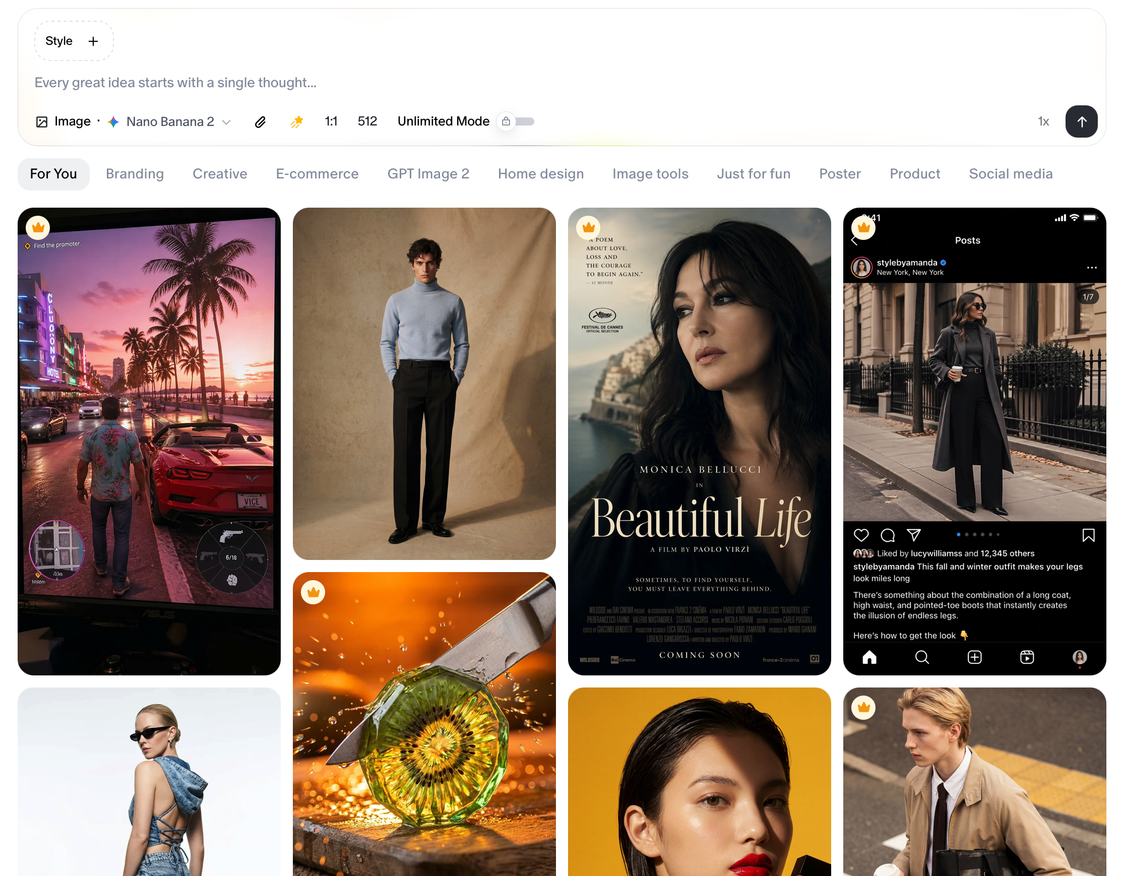 The content gallery showing visual cards