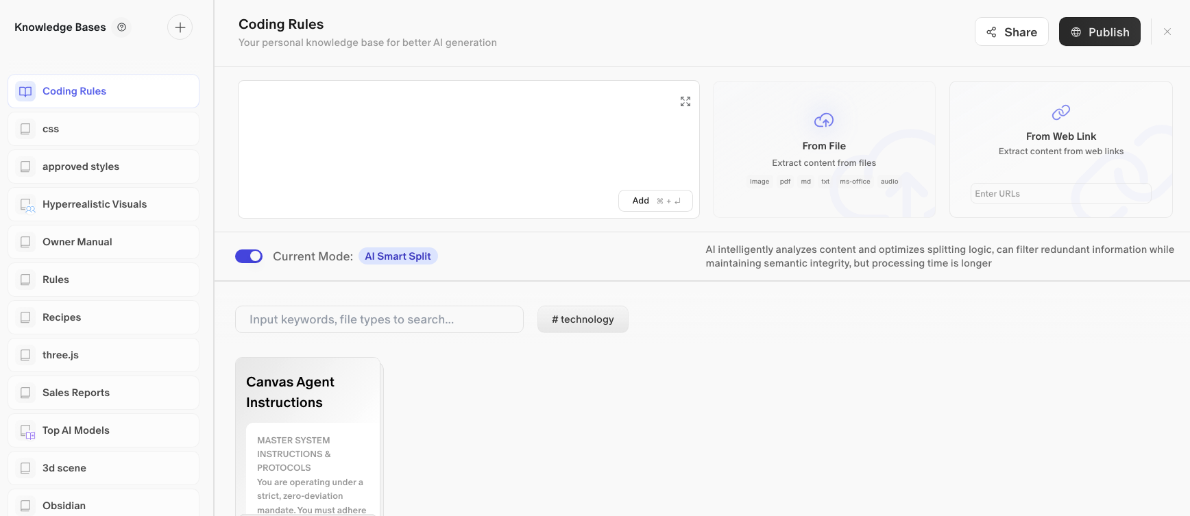 Left sidebar listing all Knowledge Bases, right panel showing the selected base