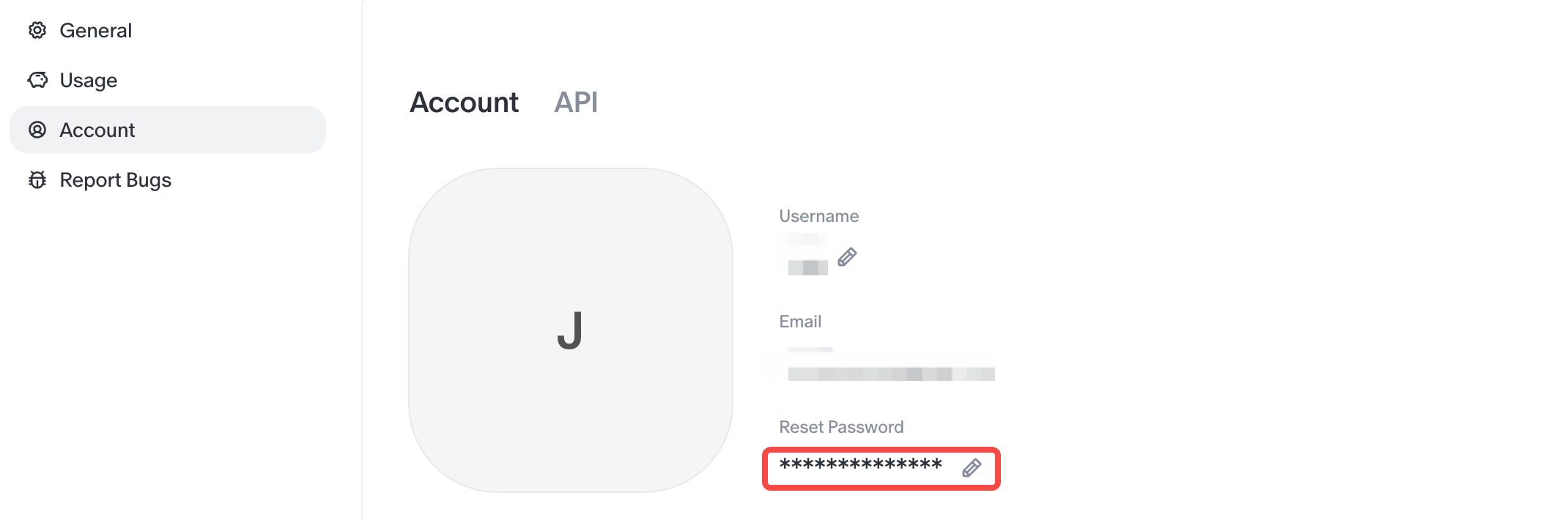 Account settings with Reset Password highlighted