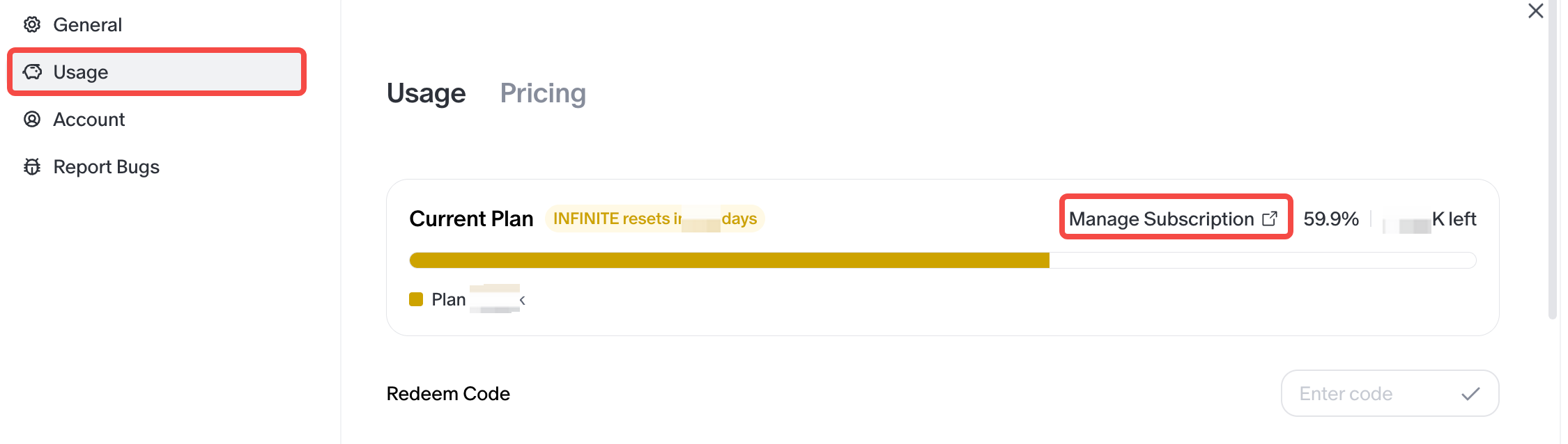 Usage page with Manage Subscription highlighted
